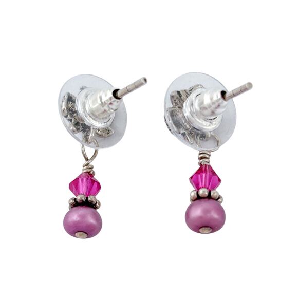 Estate Sterling Silver 925 Purple Pearl Pink Crystal Floral Dangle Earrings - Picture 4 of 6